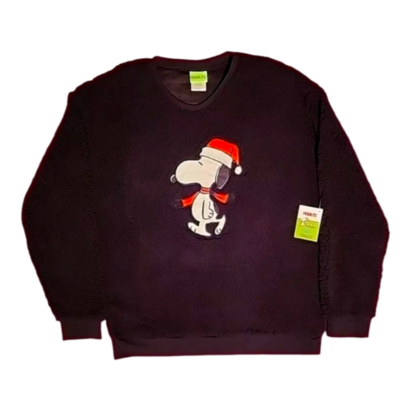 Peanuts Snoopy In Santa Hat Festive Christmas Sherpa Black Sweater Sz XL - Picture 1 of 5